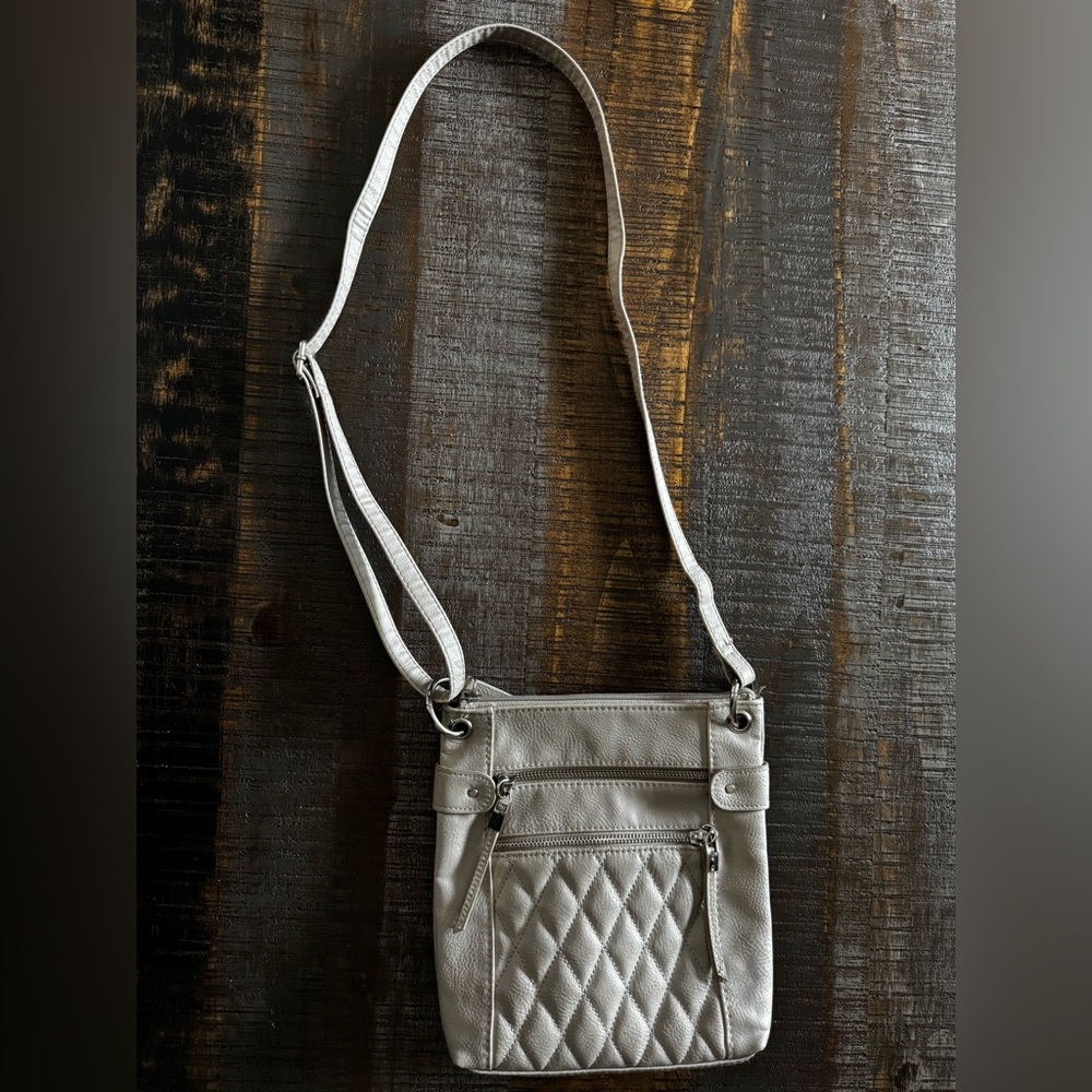 Crossbody Bag Multi-Pocket Purse Adjustable Strap Bone Color Silver Hardware